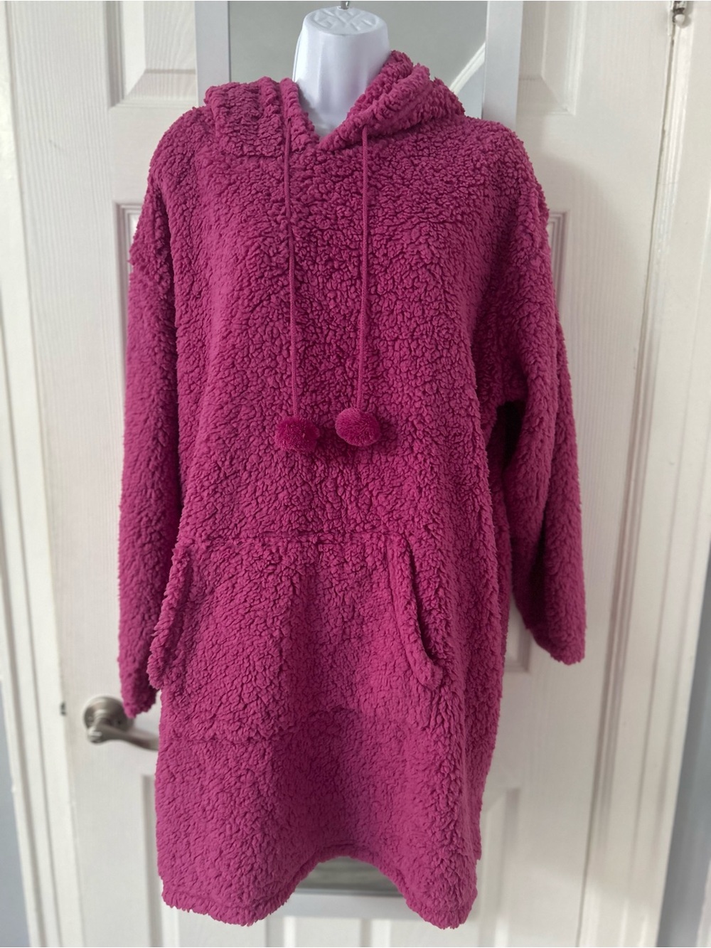 Plush Hooded Sherpa Dress with Pom-Pom Ties - Berry